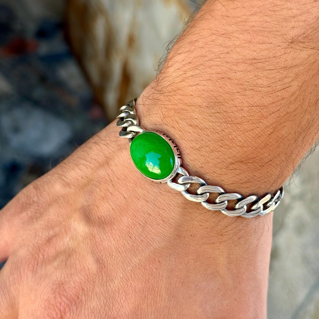 Silver Curb Chain Bracelet, Jade Gemstone Chain Bracelet, 10mm