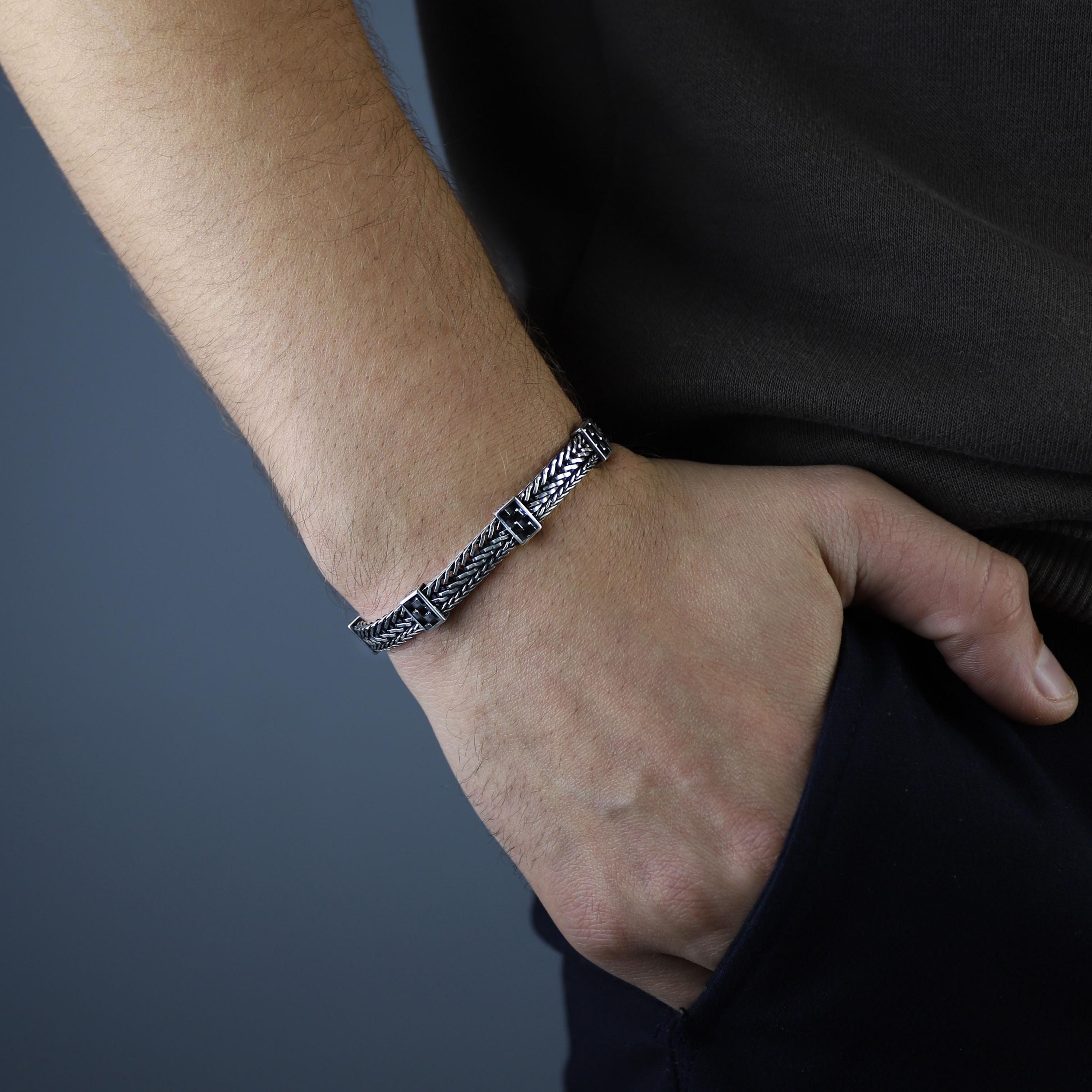 Sterling Silver Square Foxtail Bracelet, Handmade Men Bracelet
