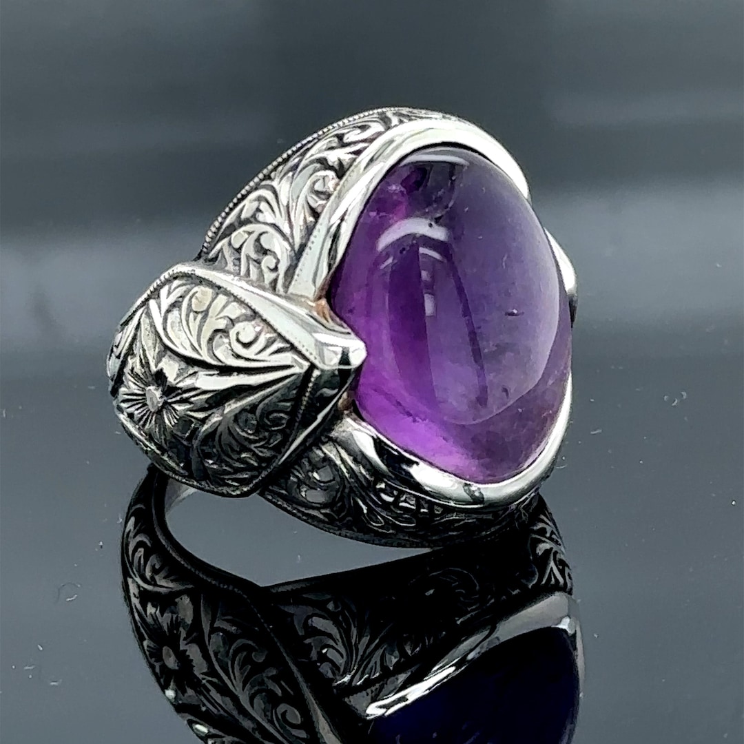 Buy Men Silver Natural Amethyst Ring Engraved Silver Handmade Ring  Amethyst Men's Ring Turkish Handmade Silver Men Ring, 925 Silver Ring  Online