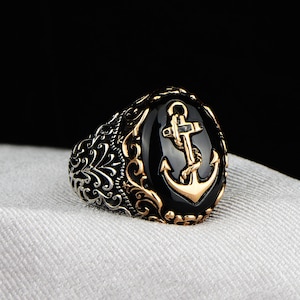 Silber Anker Ring , Schwarzer Onyx Stein Ring , Anker Silber Seemann Ring , 925k handgemachter Sterling Silber Ring , Geschenk für Ihn