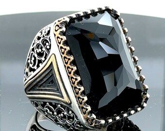 大きな黒い宝石の指輪、メンズスクエアジルコンブラックストーンリング