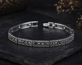 Pulsera vintage de plata 925 con piedra marcasita, pulsera unisex de marcasita, pulsera vintage de eslabones con piedra negra, regalo hecho a mano, joyería unisex