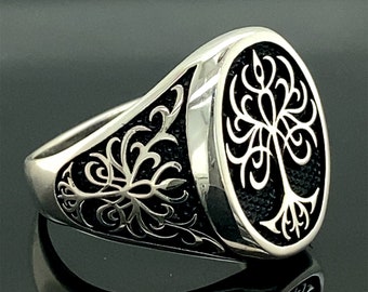 Tree of Life Silver Men Ring ,  Handmade Yggdrasil Tree of Life Ring , Viking Signet Ring , 925k Sterling Silver Ring , Gift For Him