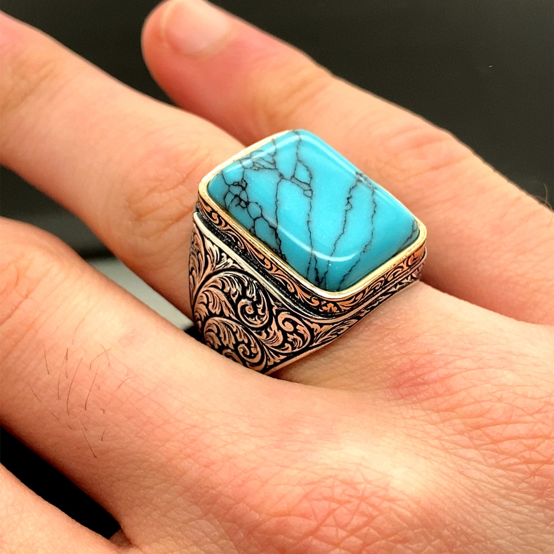Sterling Silver Ring Turquoise Stone Men Rings Natural Etsy