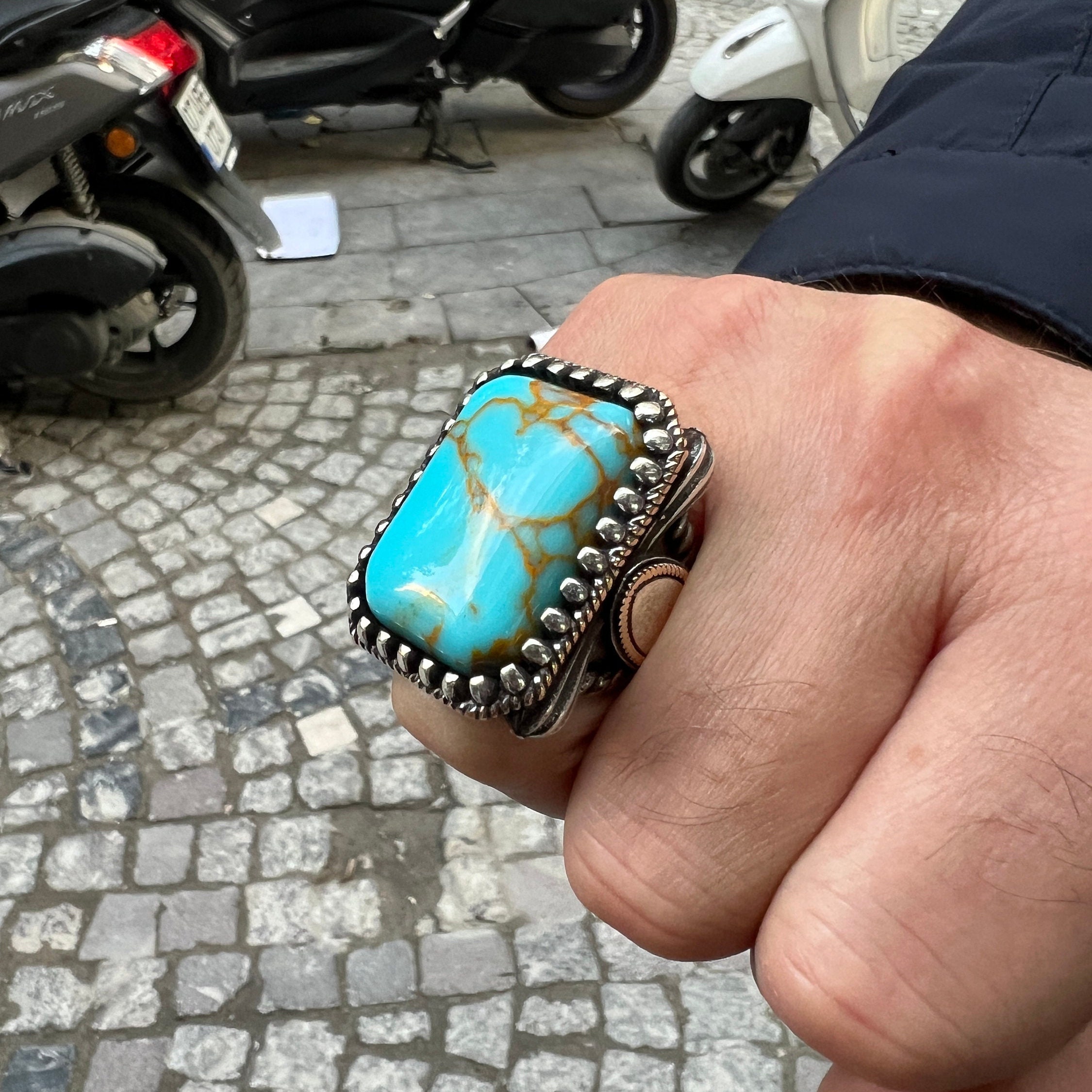 Men Silver Turquoise Stone Ring , Silver Large Square Ring Men Silver Turquoise Stone Ring , Silver Large Square Ring