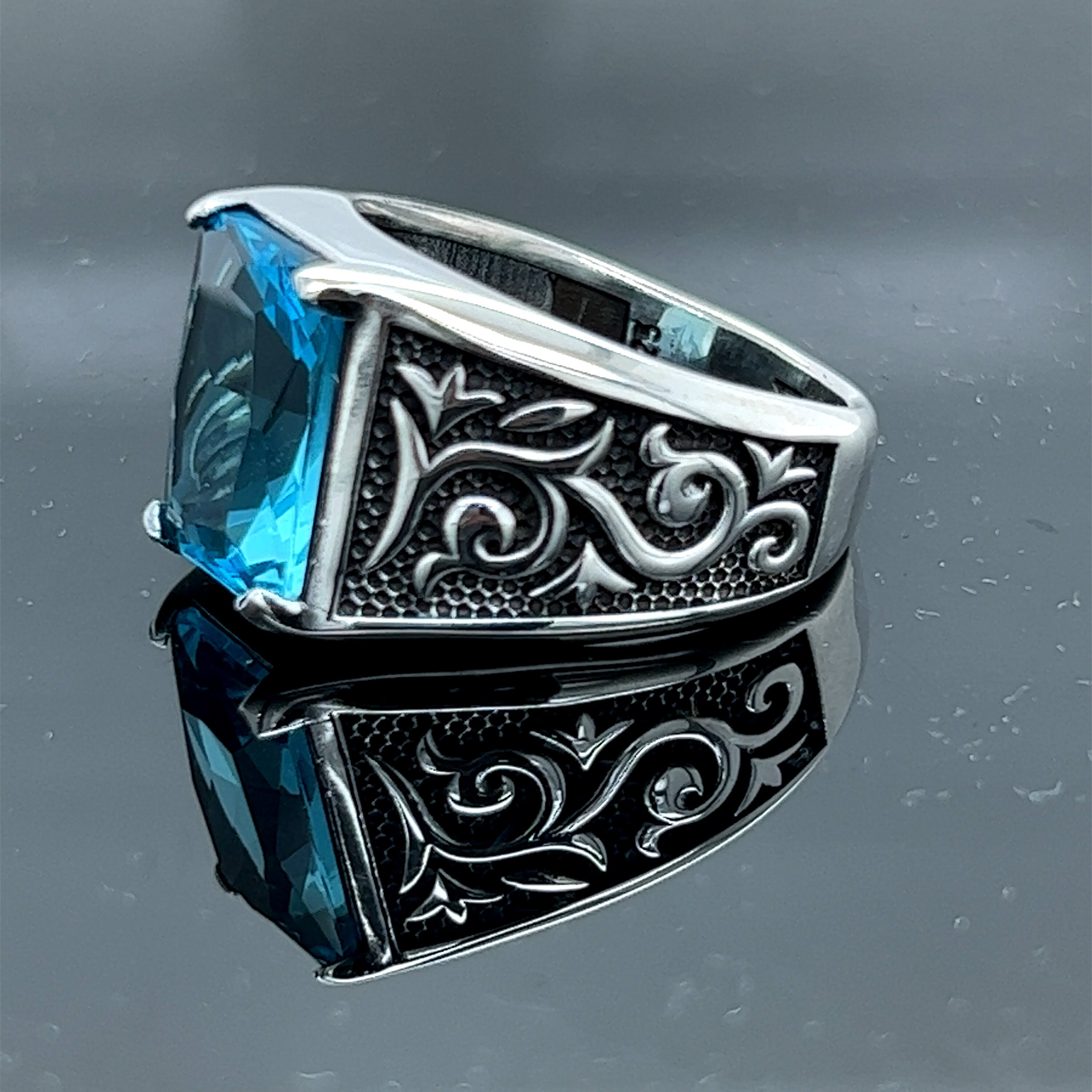 925 Silver Plated CZ Aquamarine Men’s Ring – Vintage Turkish Style, Engraved, Size 7
