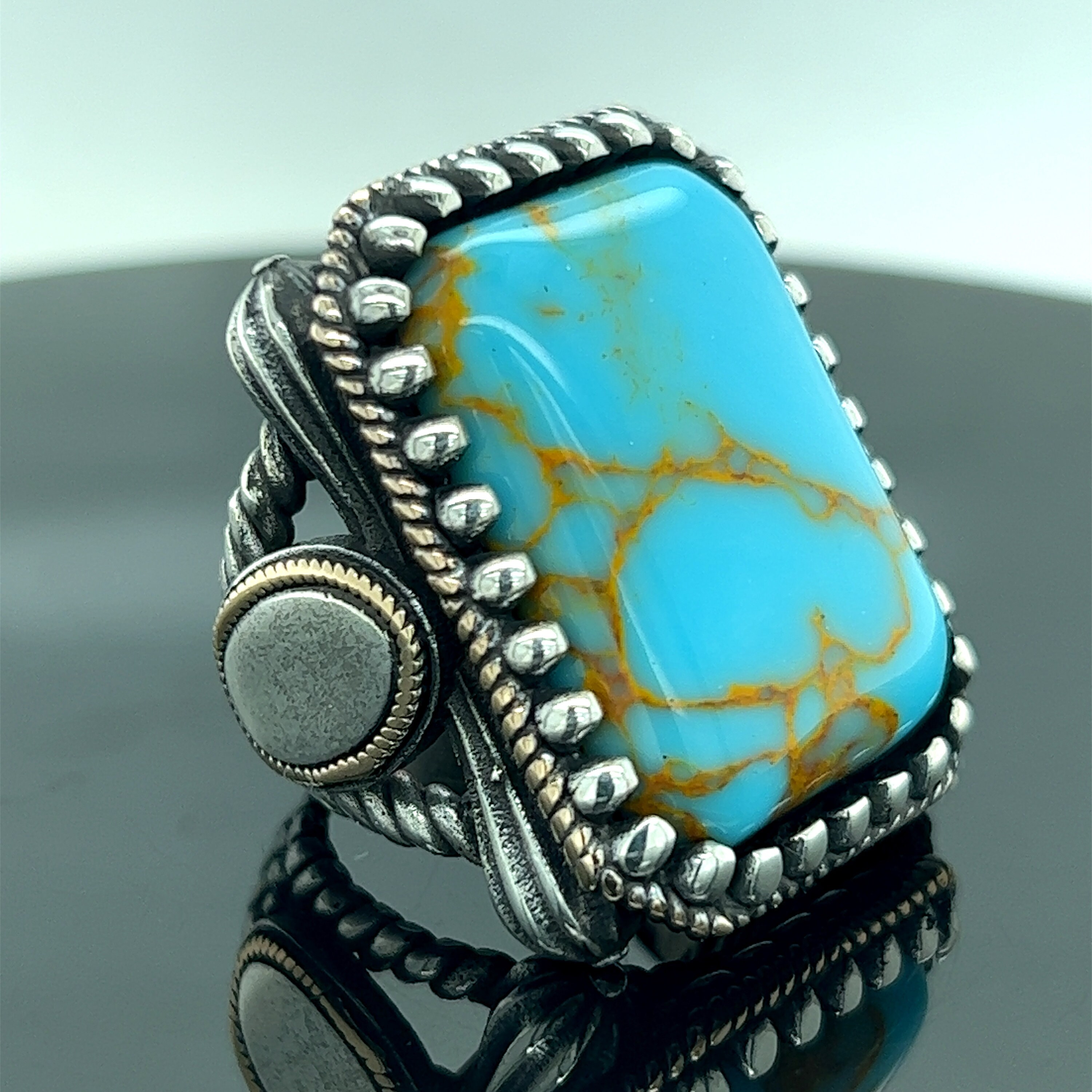 Men Silver Turquoise Stone Ring , Silver Large Square Ring Men Silver Turquoise Stone Ring , Silver Large Square Ring