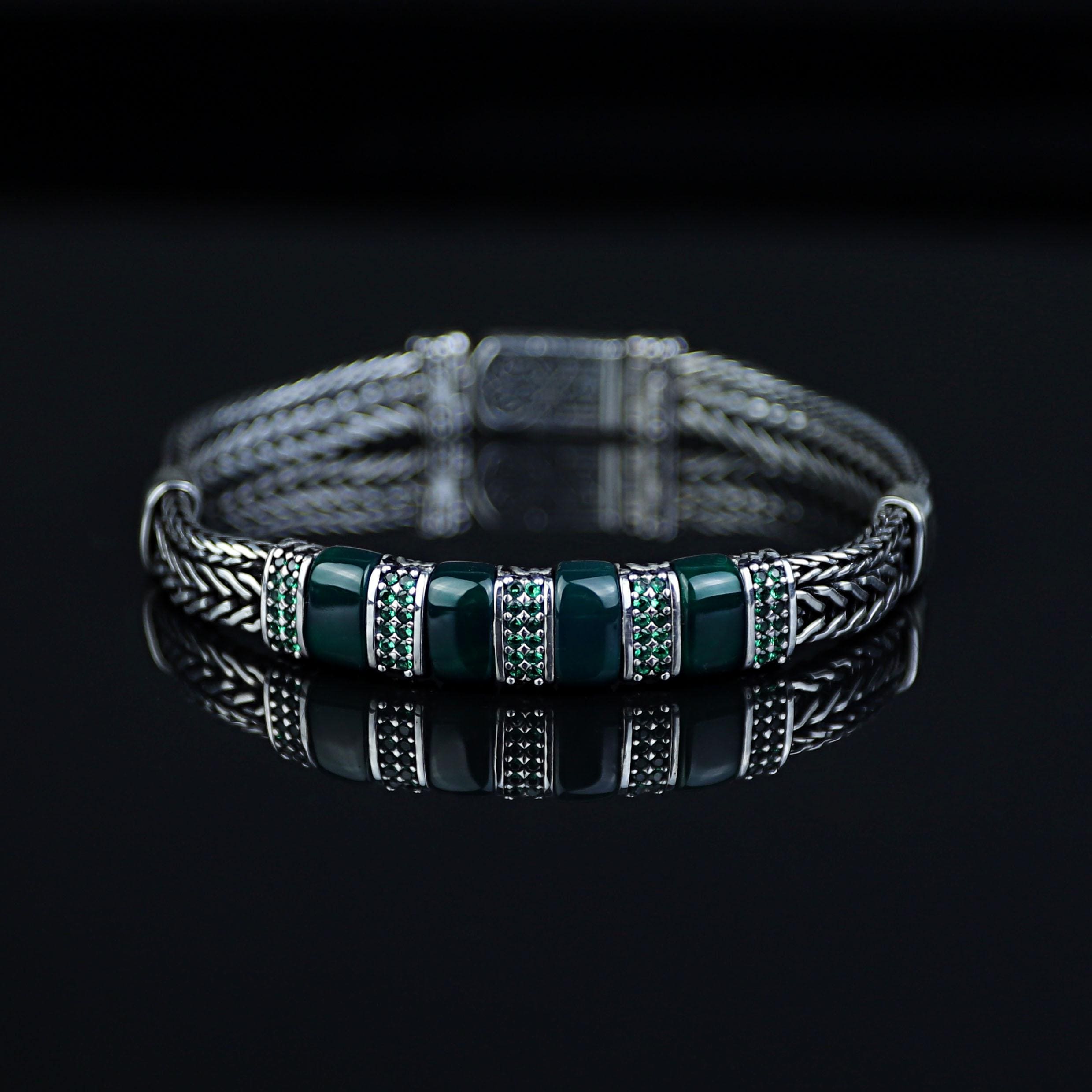 925 Silver Chain Bracelet, Emerald Green Stone Chain Bracelet