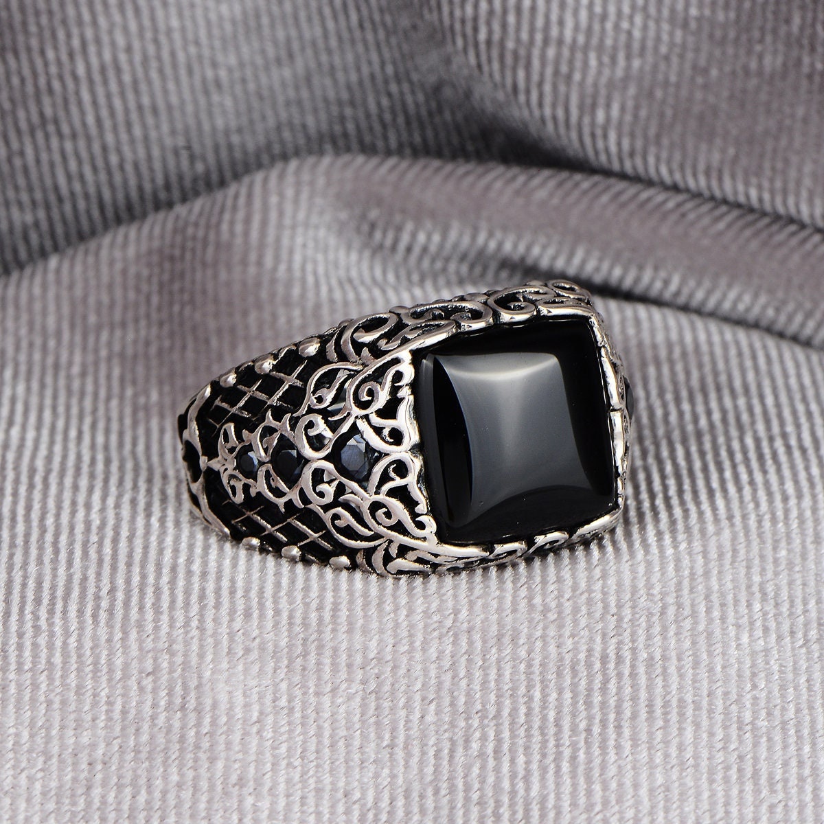 Men Handmade Ring , Square Onyx Gemstone Ring , Onyx Stone