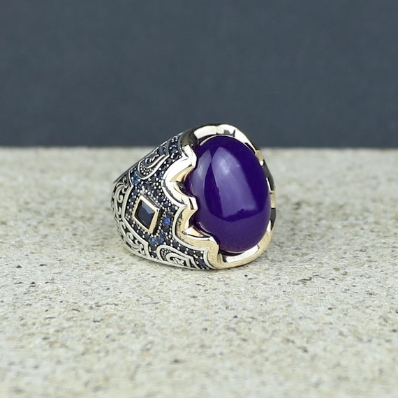 Men Silver Jade Stone Ring, Purple Jade Ottoman Style Engraved