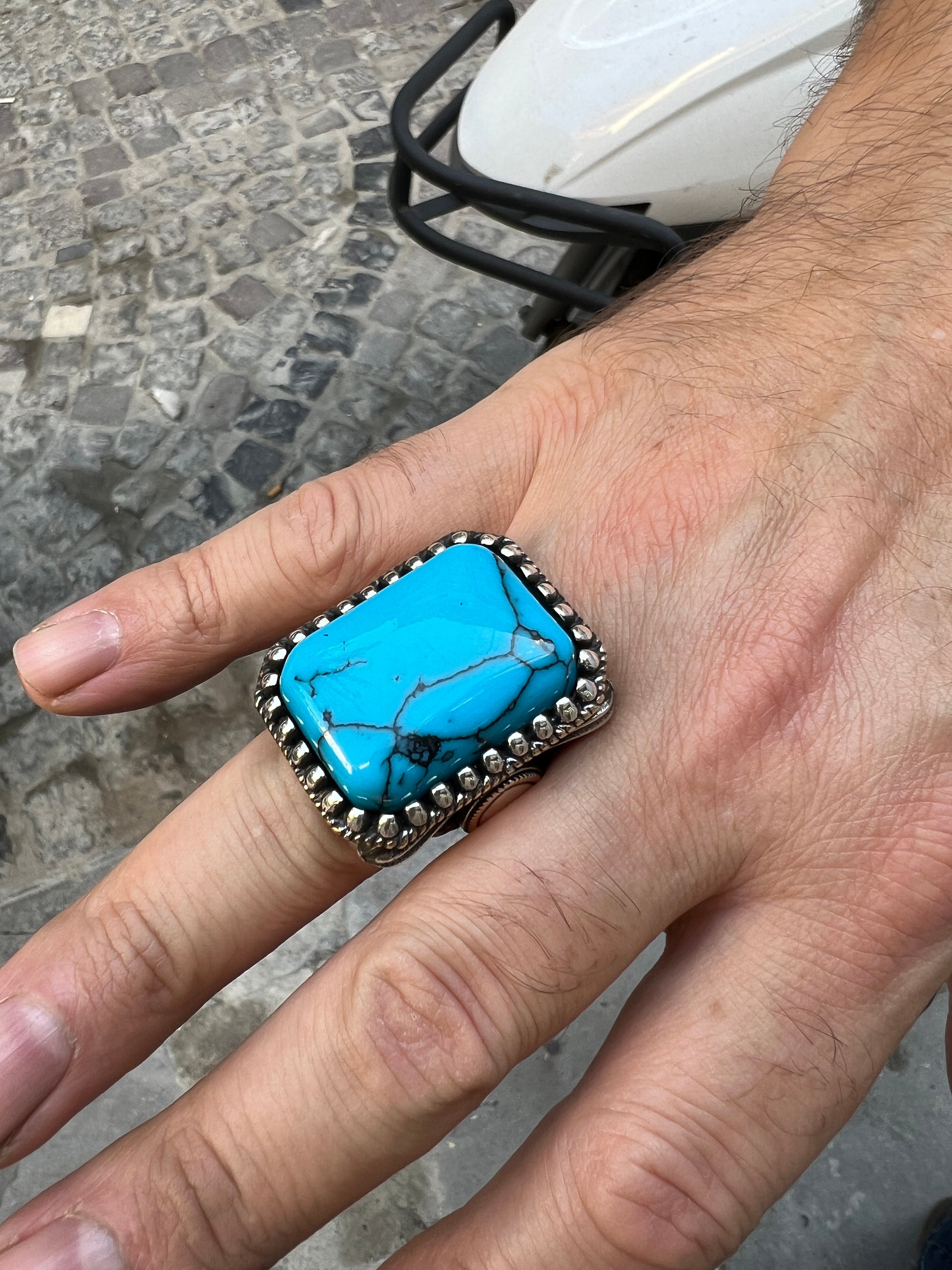 Silver Turquoise Stone Ring , Man Large Turquoise Gemstone Ring , Large ...