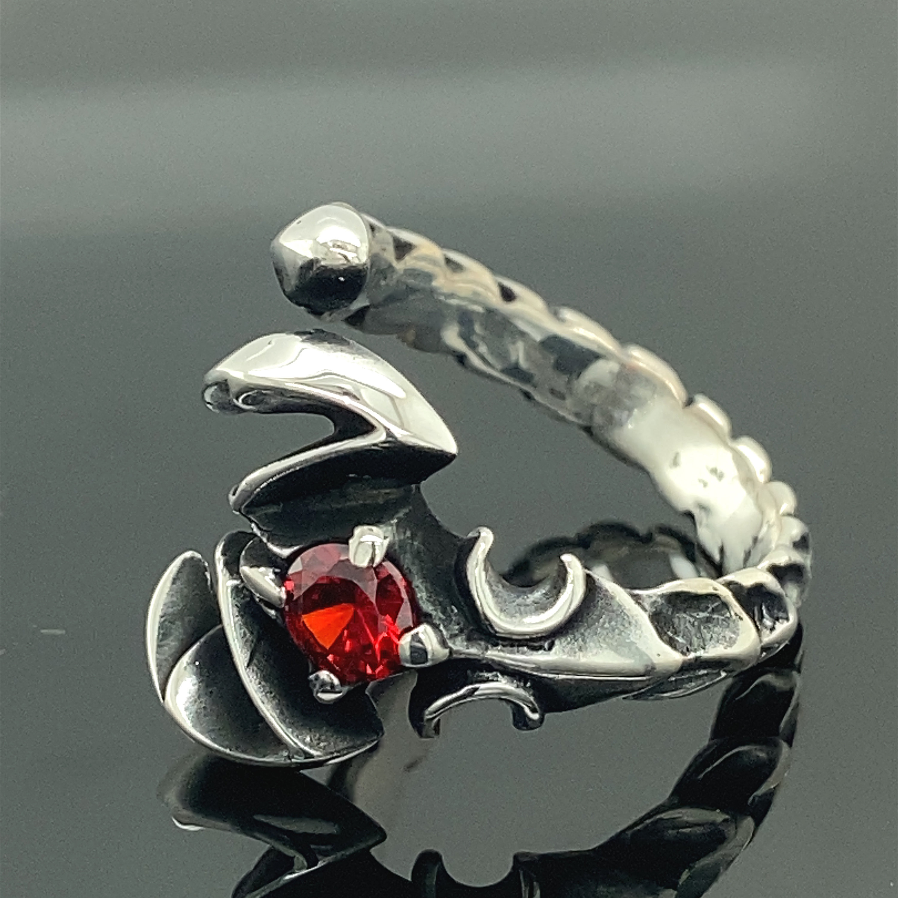 Silver Handmade Scorpion Ring , Red Stone Ring , Scorpion Animal 