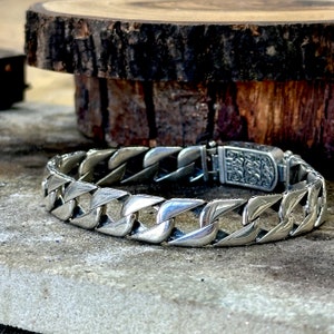 Men Chain Bracelet , Hand-Engraved Silver Chain Bracelet , Gourmet Men Bracelet , Thick Silver Bracelet , 925k Sterling Silver Bracelet