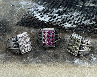 Men Handmade Silver Ring, Ruby Gemstone Ring, Engraved Man Ring, Cz Diamond Ring, Emerald Stone Man Ring, Man Gift, 925k Sterling Silver
