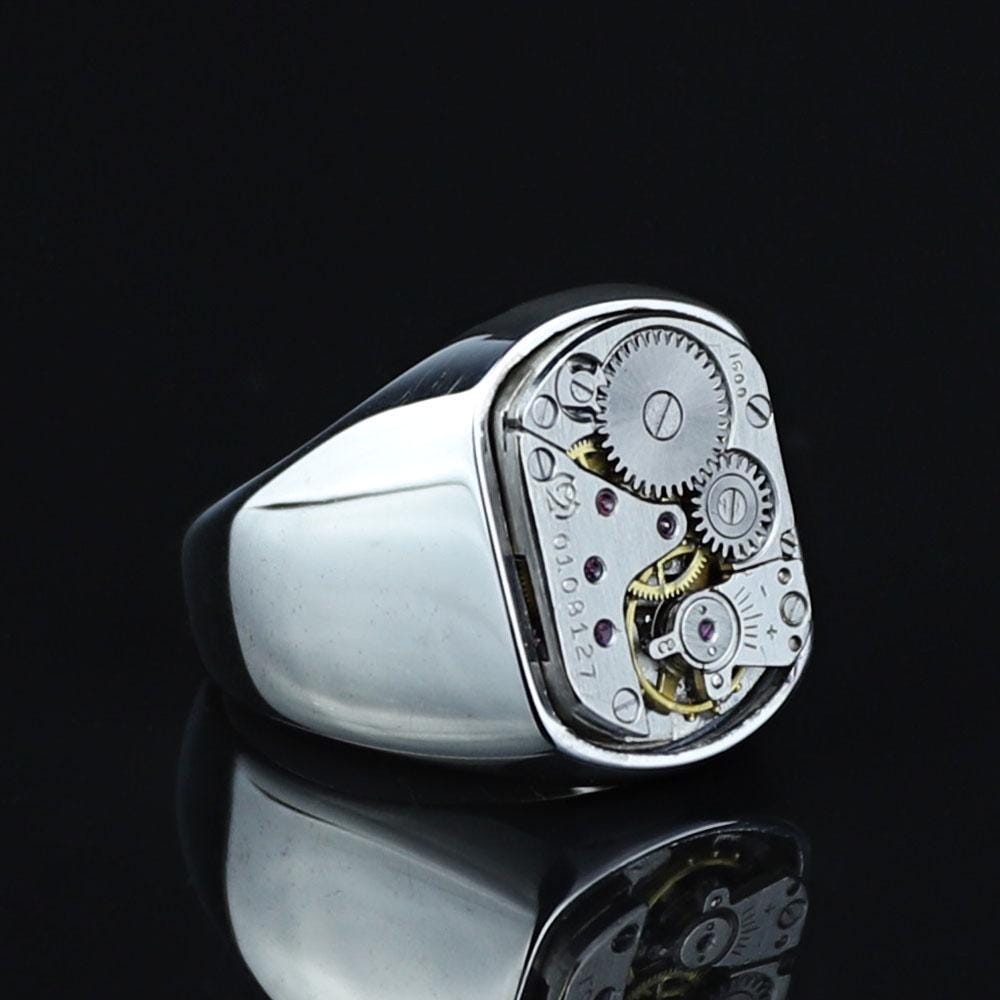 Handmade Watch Mechanism Ring, Silver Clock Mechanism Signet Ring