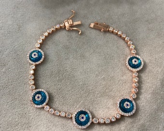 Pulsera de tenis, pulsera de ojo malvado, pulseras de tenis de oro rosa, pulsera de ojo malvado azul, pulsera de ojo malvado, pulsera de plata de ley 925k