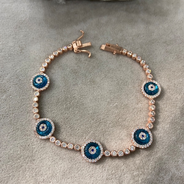 Tennis Bracelet , Evil Eye Bracelet, Rose Gold Tennis Bracelets, Blue Evileye Bracelet , Evil Eye Bracelet, 925k Sterling Silver Bracelet