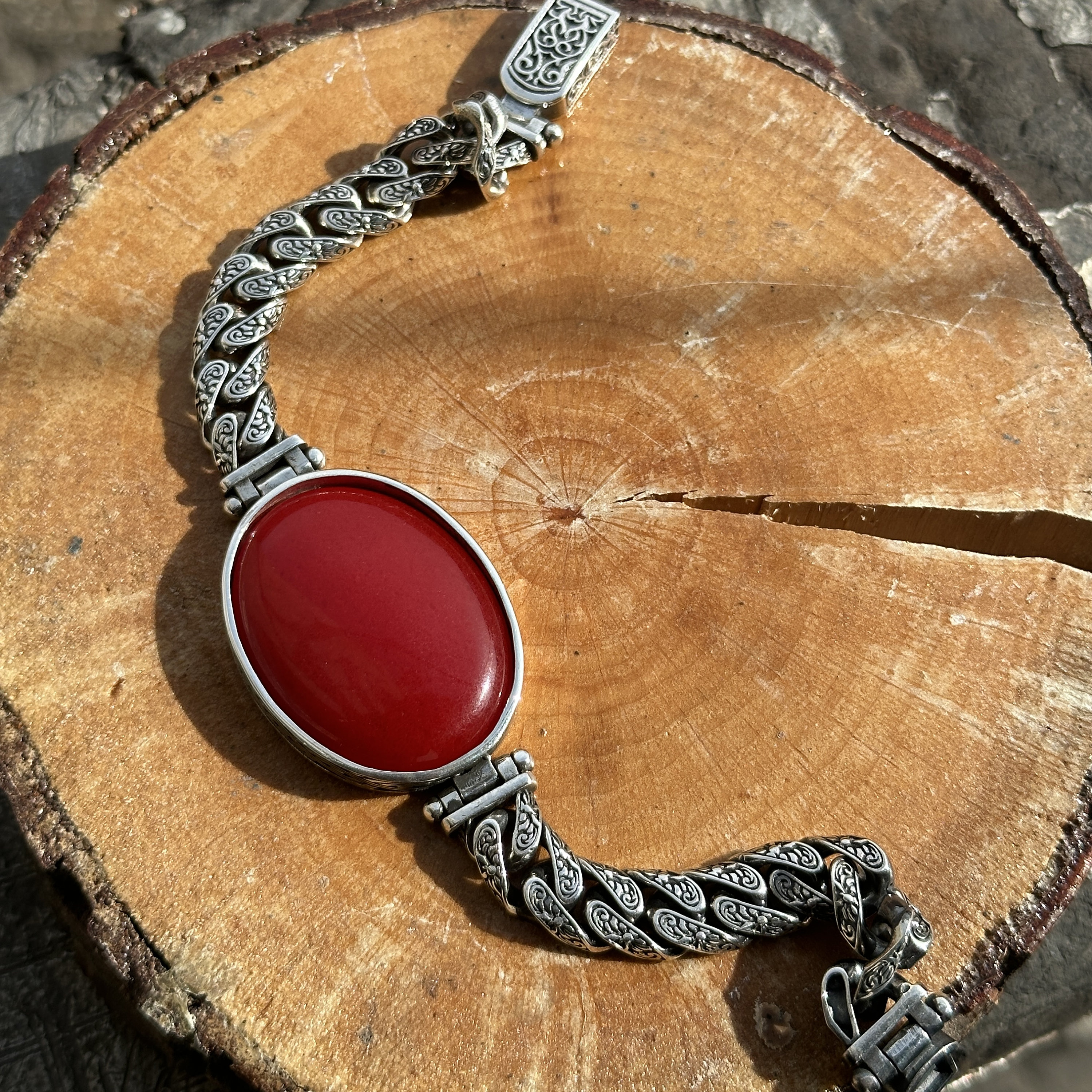 Silver Handmade Thick Chain Bracelet , Large Jade Stone Silver Handmade Thick Chain Bracelet , Large Jade Stone