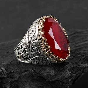 Men Silver Vintage Ruby Ring, Engraved Oval Ruby Ring, Natural Gemstone Men Ring, Ottoman Style Ring, 925k Sterling Silver Ring, Men Gift