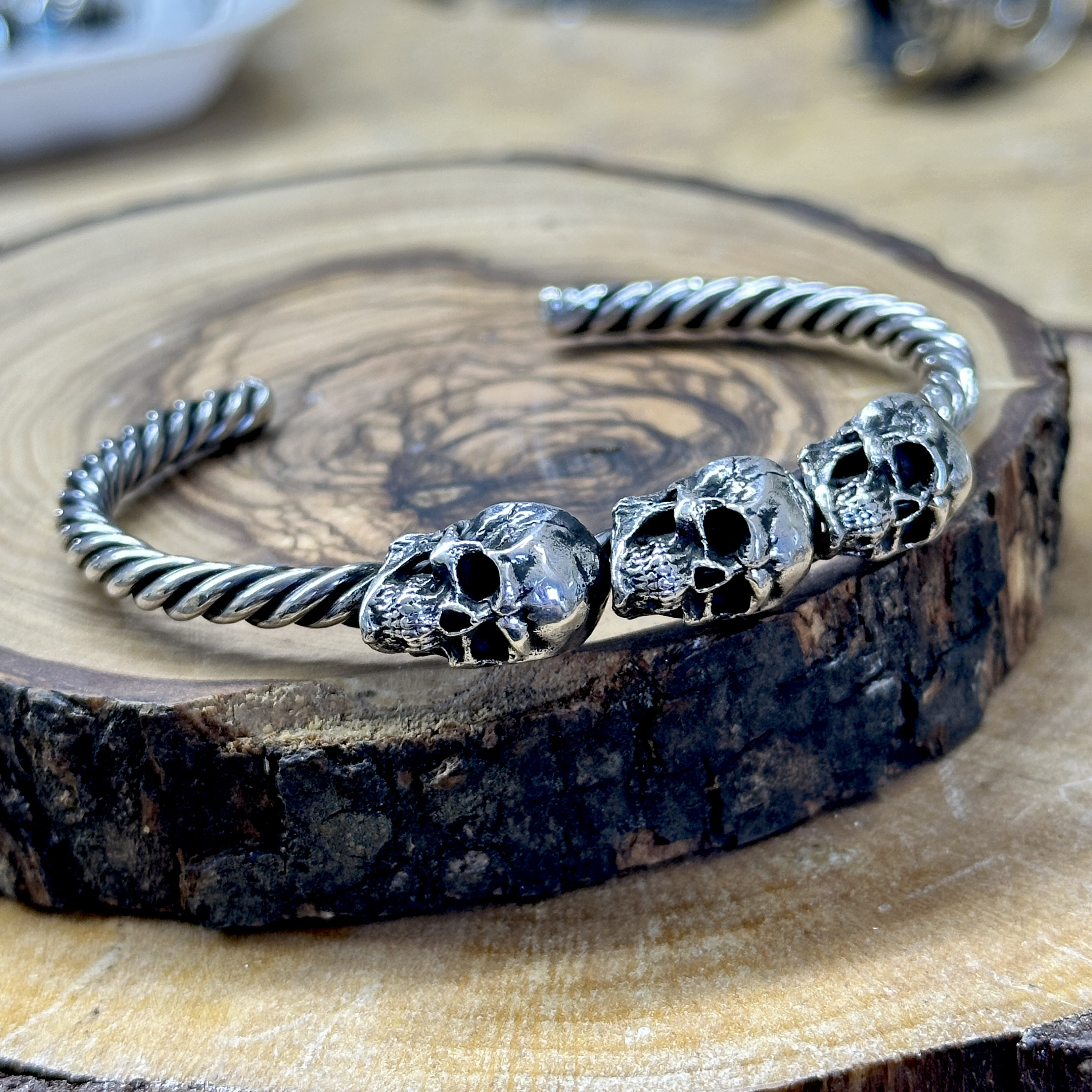 Silver Skull Head Cuff Bracelet , Triple Skull Bracelet , Silver 