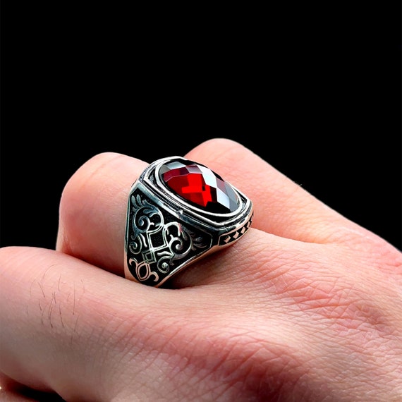 Silver Handmade Ruby Stone Ring , Men Red Stone Ring , Ottoman