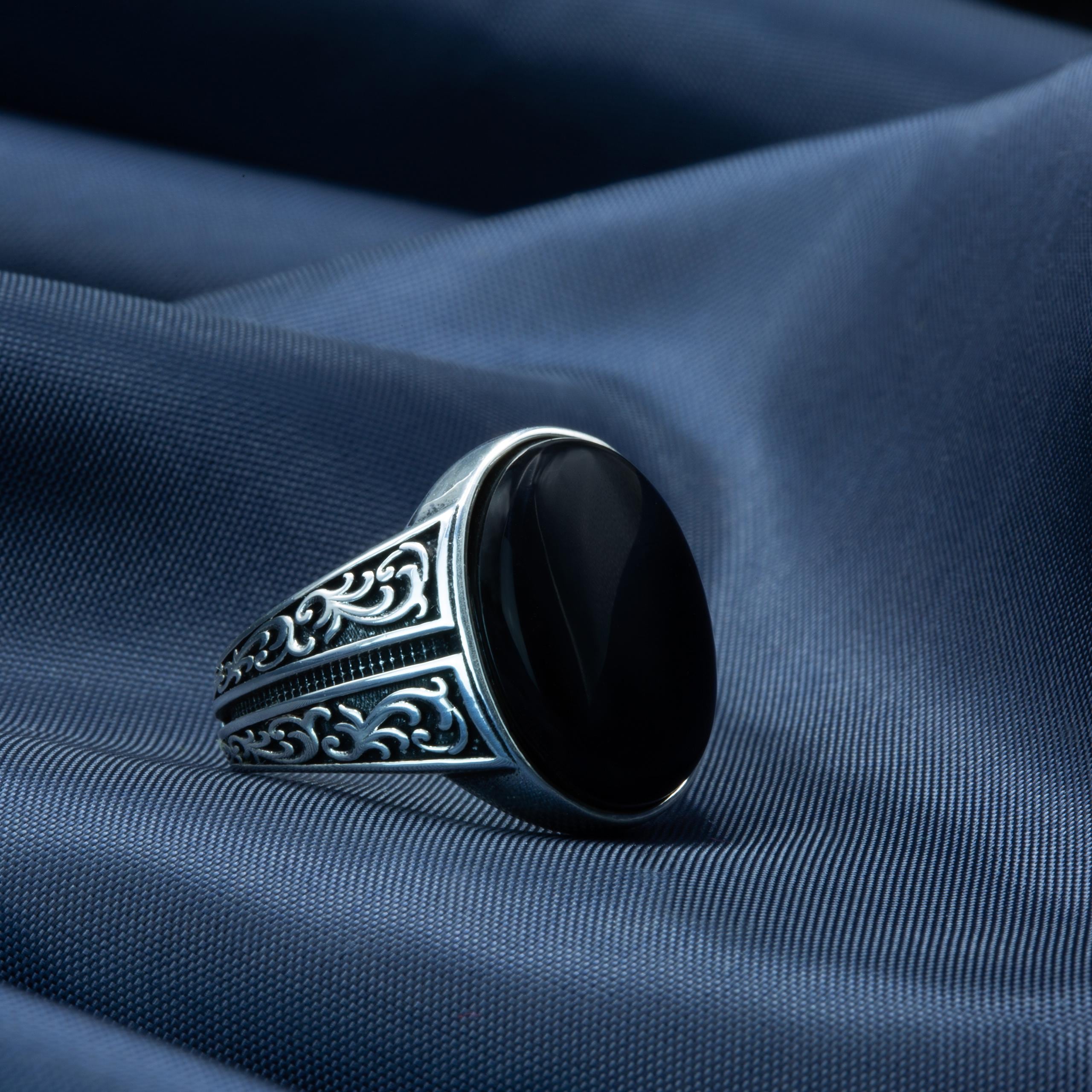 Silver Onyx Stone Ring, Oval Engraved Black Onyx Signet Ring, 925k