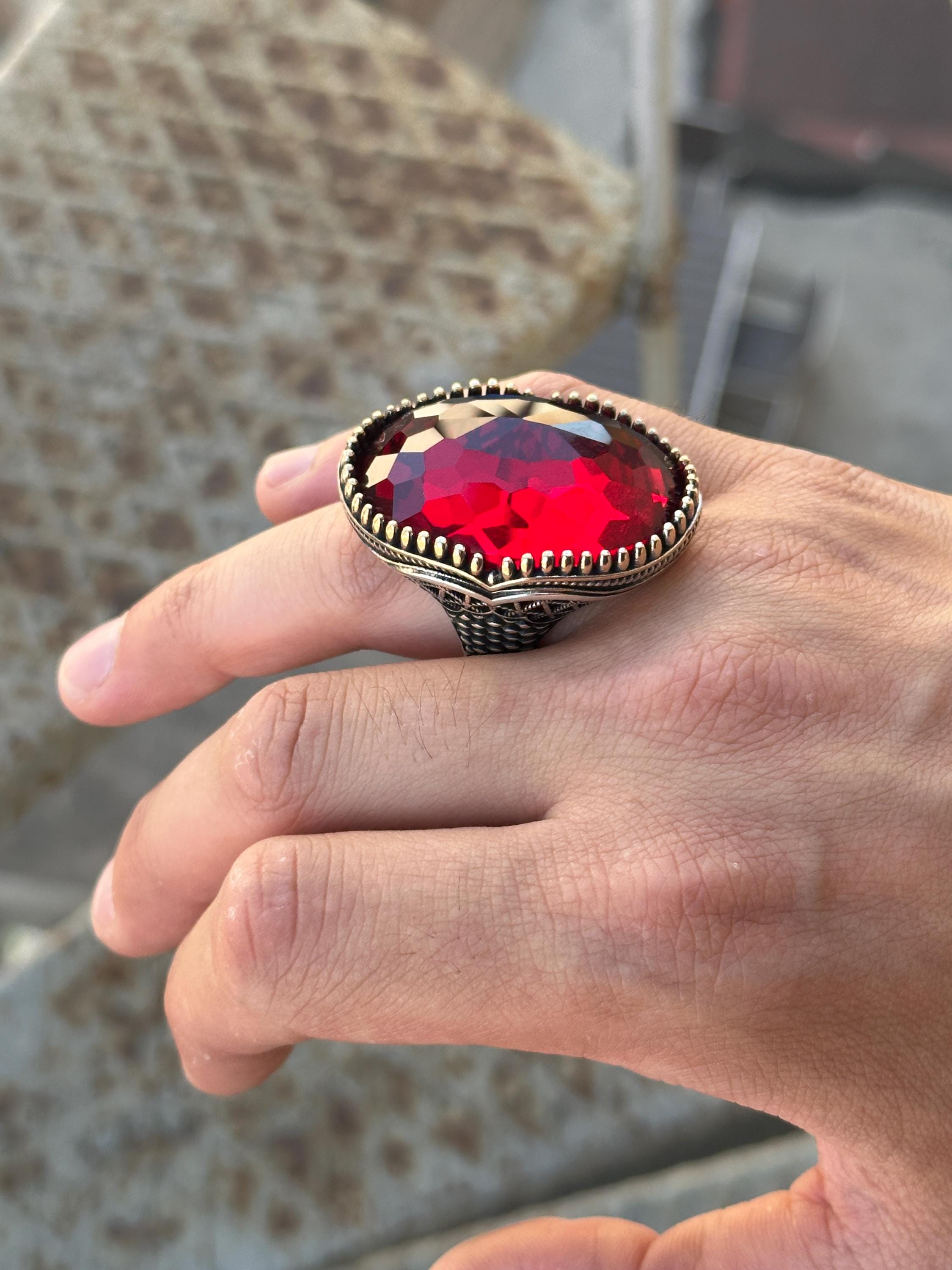 BIG HAND silver925×k18×coral×Ruby Handmade Red Coral Ring: 925 Sterling Silver Marquise