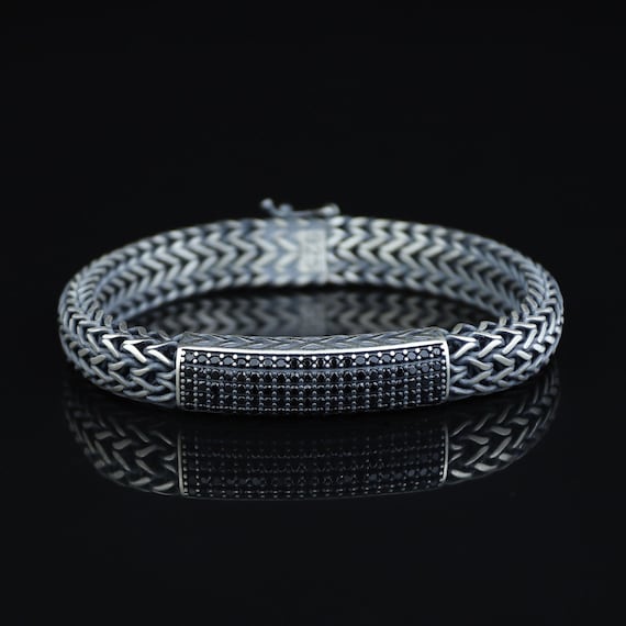 925 Silver Black Diamond Foxtail Bracelet, 10mm Oxidized Chain