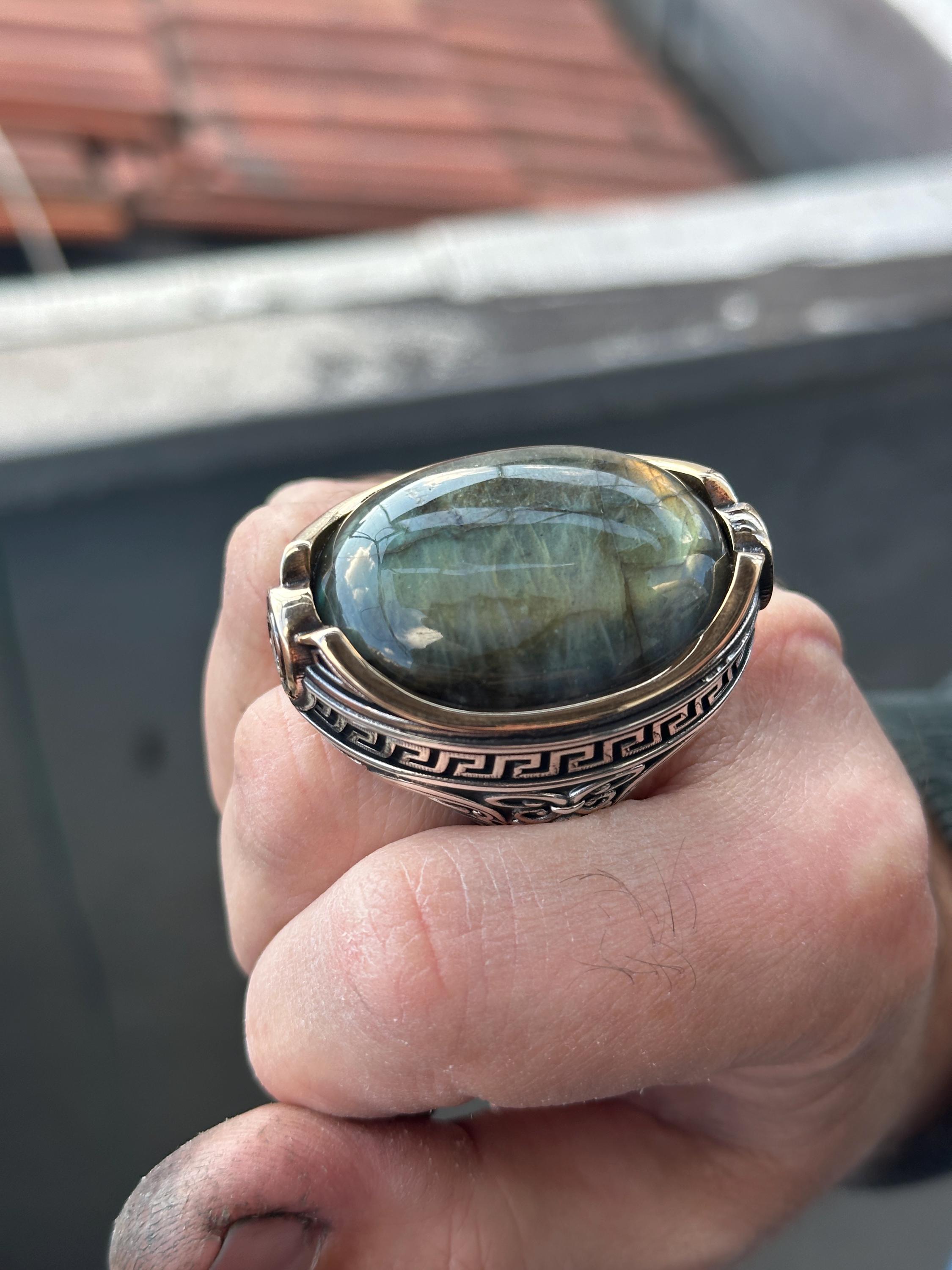 Anello da uomo in argento con grande labradorite, anello in labradorite naturale fatto a mano, anello da uomo fatto a mano in stile ottomano, regalo per la festa del papà, argento 925k