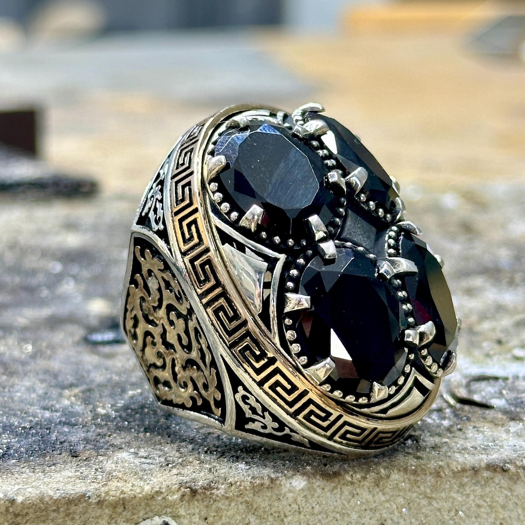 Silver Large Onyx Ring , Men Black Onyx Ring, Greek Handmade Big Ring ...