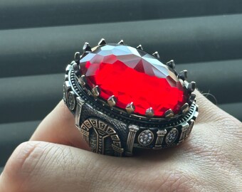 Silver Handmade Large Ruby Ring , Men Large Ottoman Style Ring , Big Red Stone Ring , Zircon Stone Ring , 925k Sterling Silver Ring