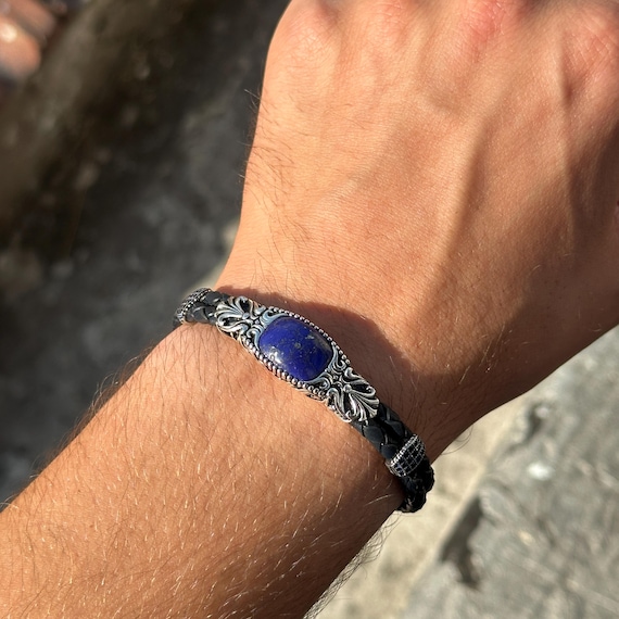 サファイア ブレスレット ラピスラズリ メンズ シルバーレザーブレスレット、天然ラピスラズリレザー