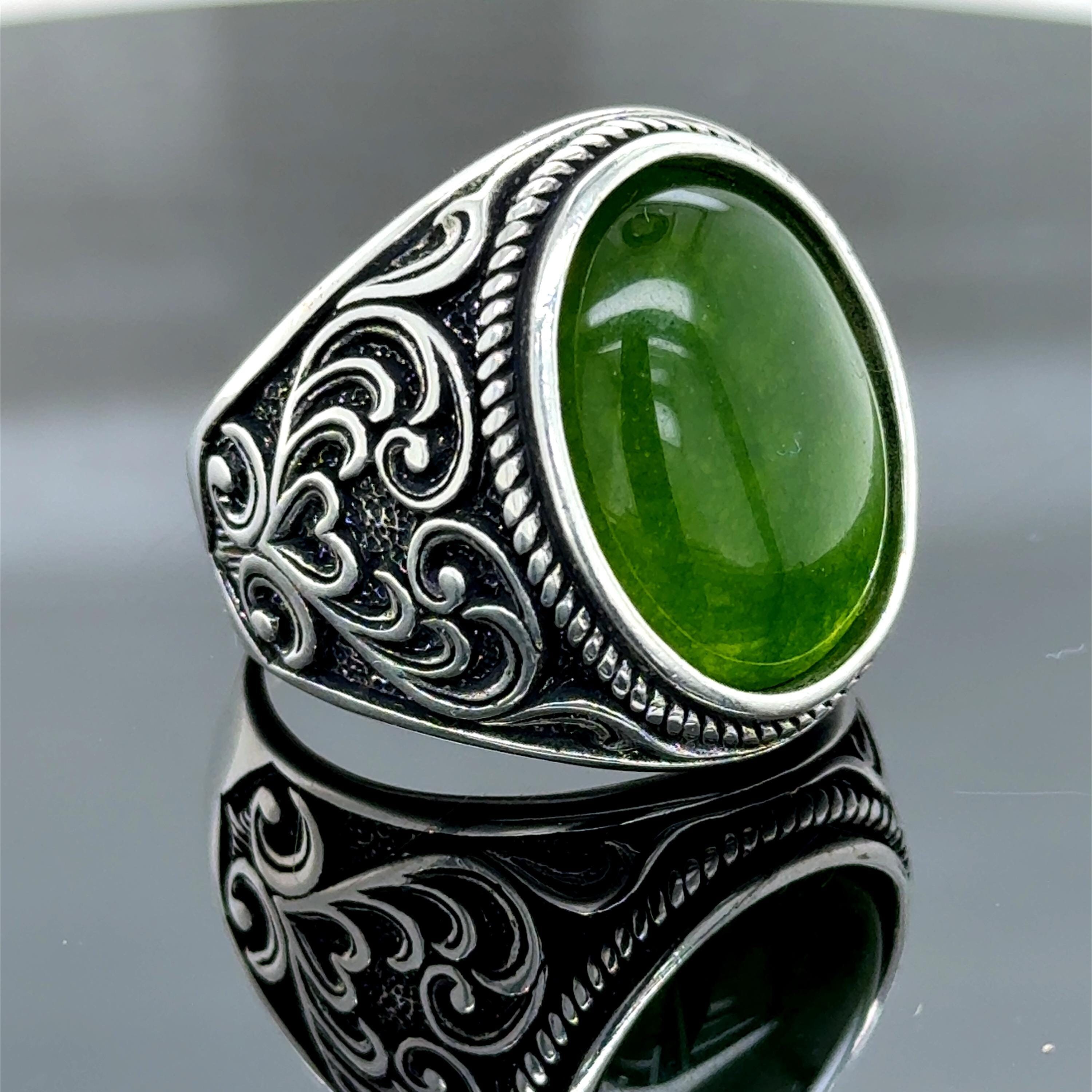 Silver Jade Stone Ring, Men Ottoman Style Engraved Ring, Men