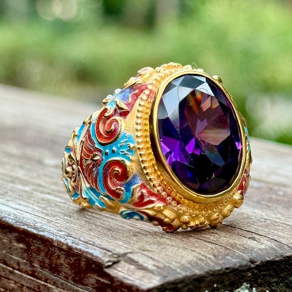 Men Silver Amethyst Gemstone Ring, Gold Engraved Purple Amethyst