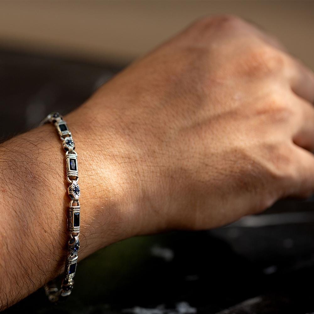 925 Silver Byzantine Chain Bracelet, Sapphire Gemstone Engraved