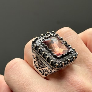 Men Silver Square Large Sultanite Ring, Ottoman Style Large Ring, Big Gemstone Large Men Ring, Heavy Men Ring, Father Day Gift, Gift For Men