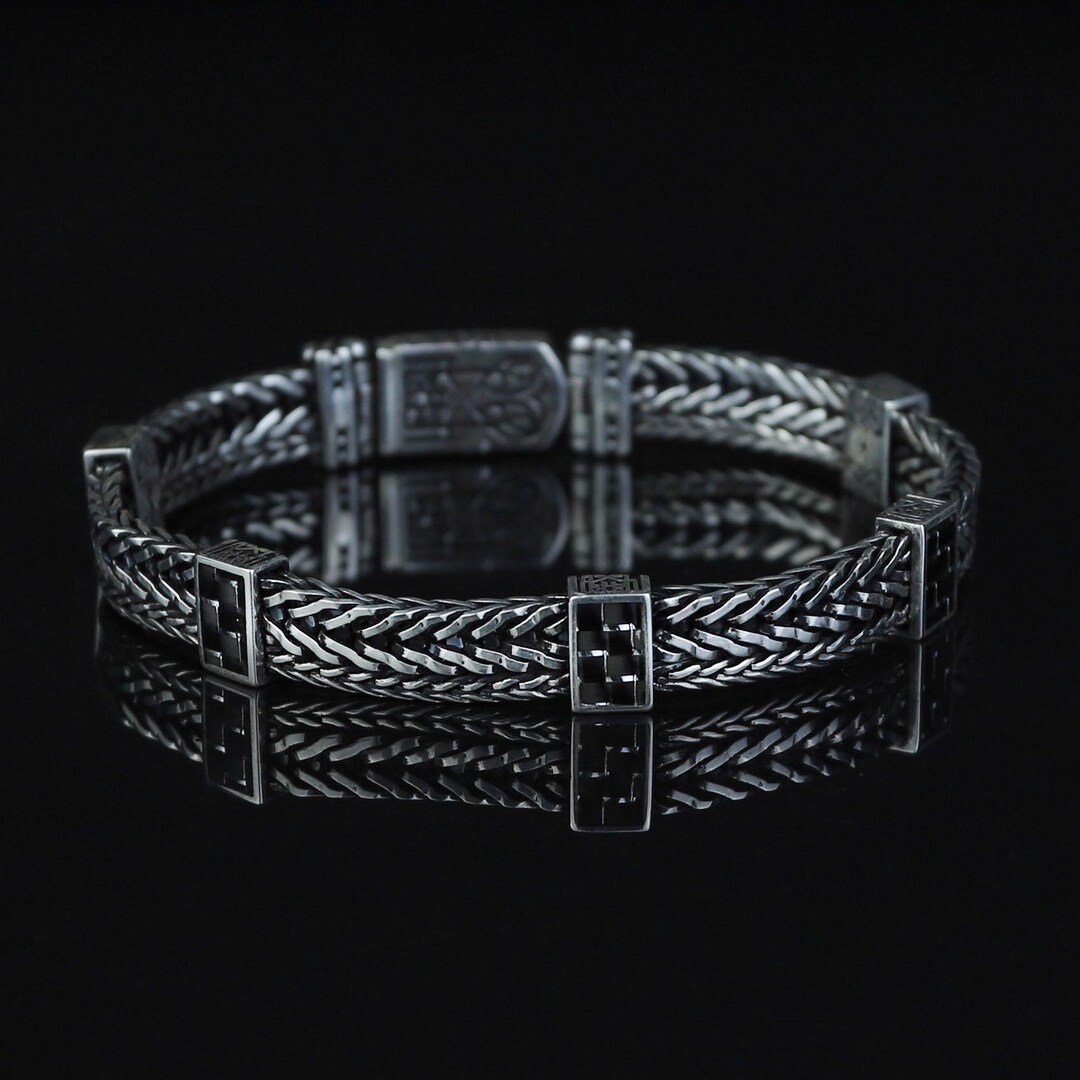 Sterling Silver Square Foxtail Bracelet, Handmade Men Bracelet