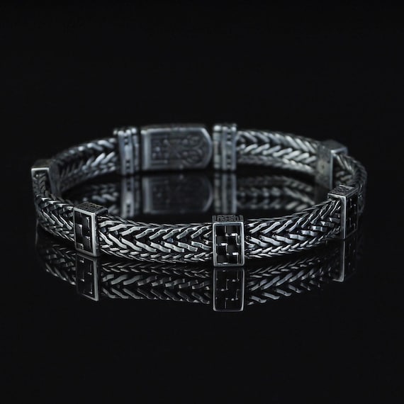 Sterling Silver Square Foxtail Bracelet, Handmade Men Bracelet