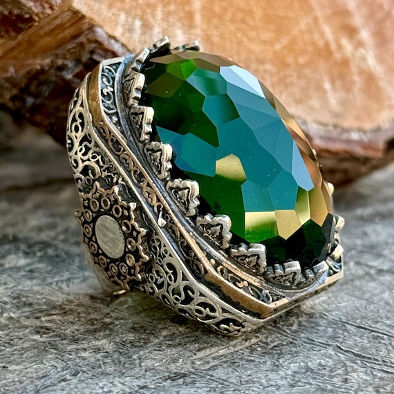 Bague émeraude en argent sterling 925, grande bague en pierre