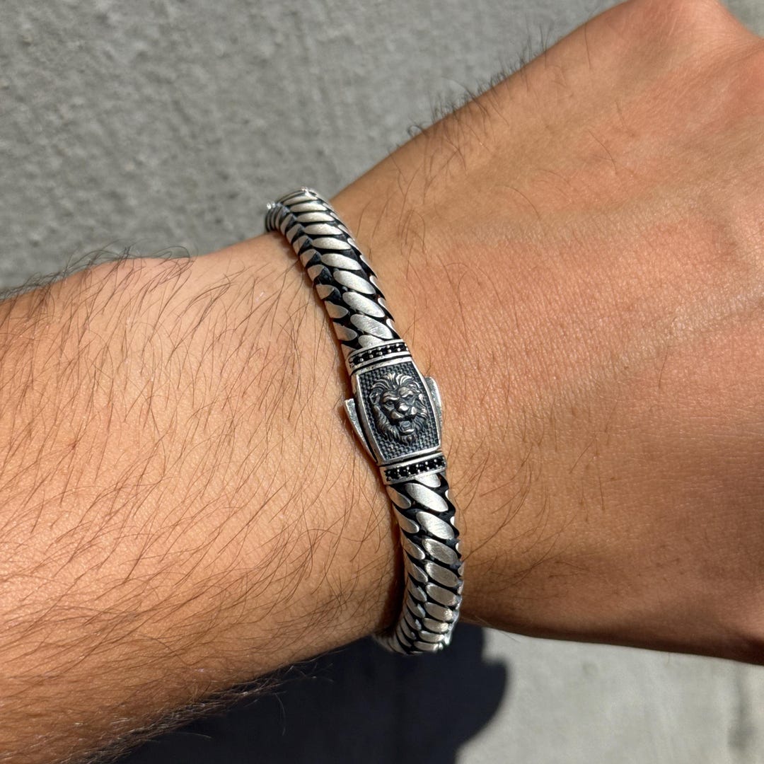 925 Sterling Silver Curb Chain Bracelet, Leon Head Chain Bracelet