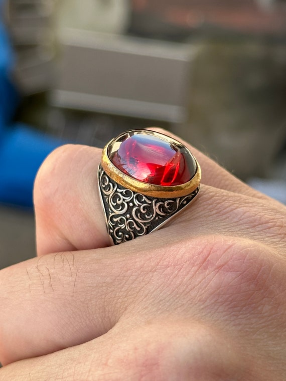 Sterling silver Gemstone ring with a natural Dark Red Garnet Cabochon high  polished 925 silver
