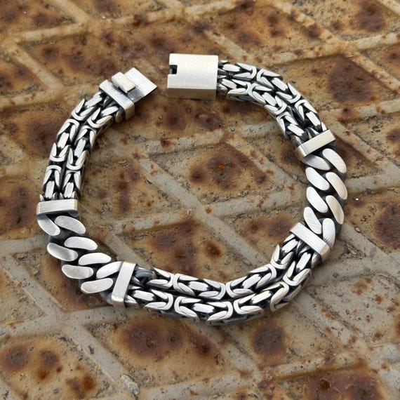 Men Silver Curb Chain Bracelet, Byzantine King Chain Bracelet