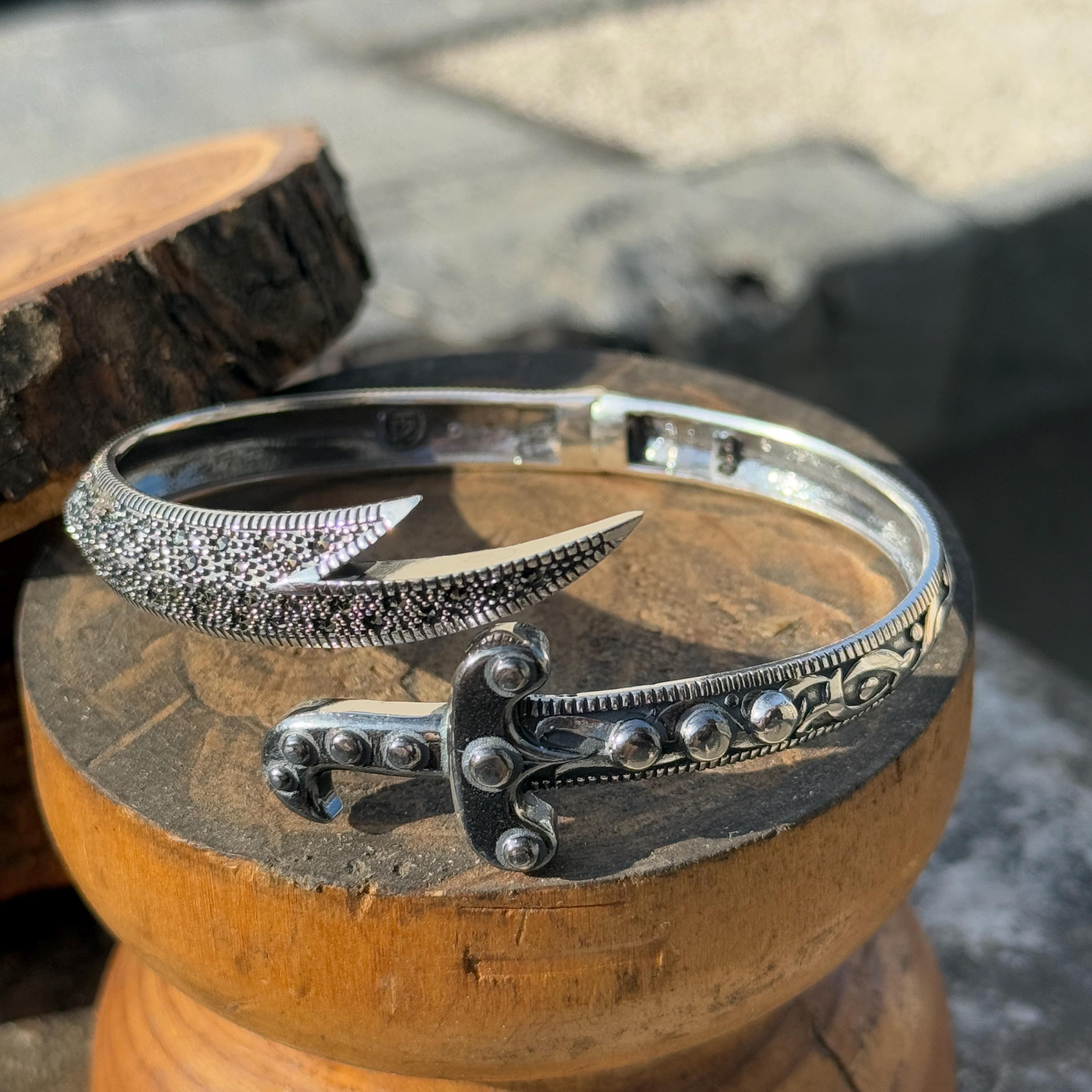 ❤Blackcurrantさま❤2025年Bracelet❤❤ Men Silver Sword Cuff Bracelet , Black Stone Mens Zulfiqar
