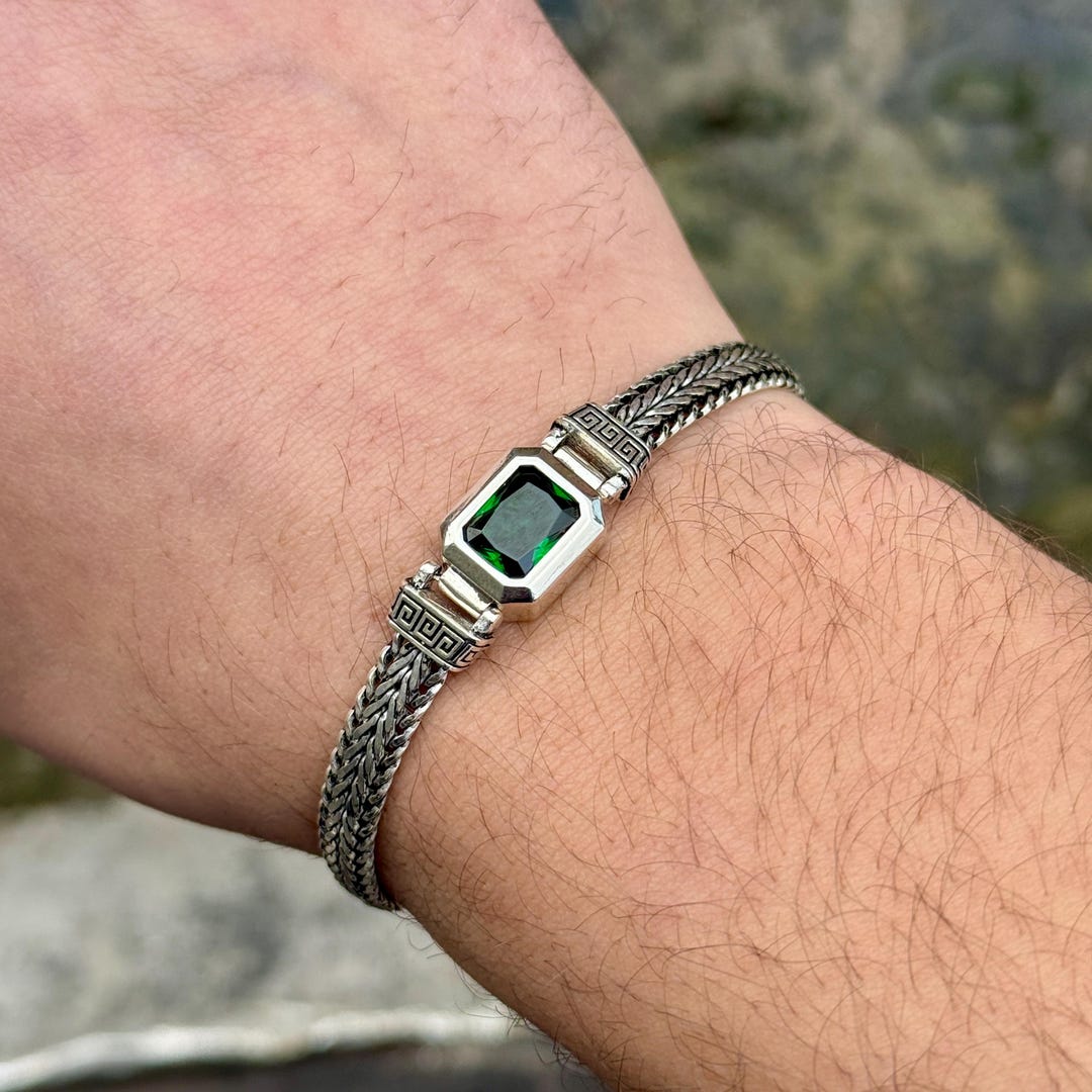 Men Silver Emerald Stone Bracelet, Foxtail Link Chain, Green Stone