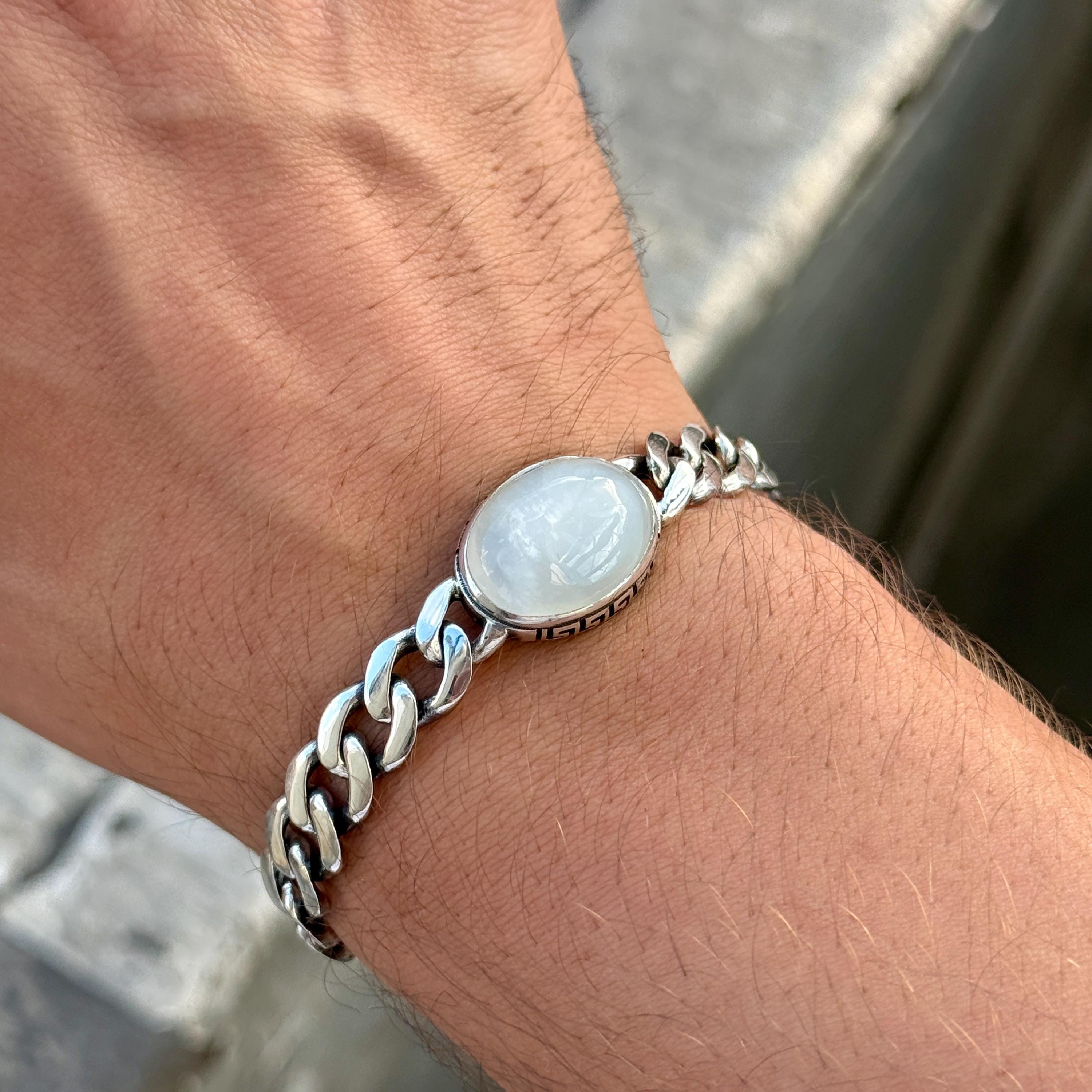 925 Silver Natural Moonstone Chain Bracelet, Men Rainbow Moonstone