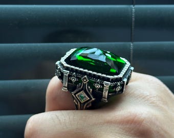 Mens Handmade Large Green Stone Ring Large Emerald Stone Ring