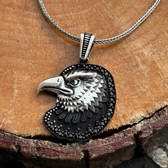 Silver Eagle Necklace, Black Stone Eagle Pendant, Wild Eagle Men