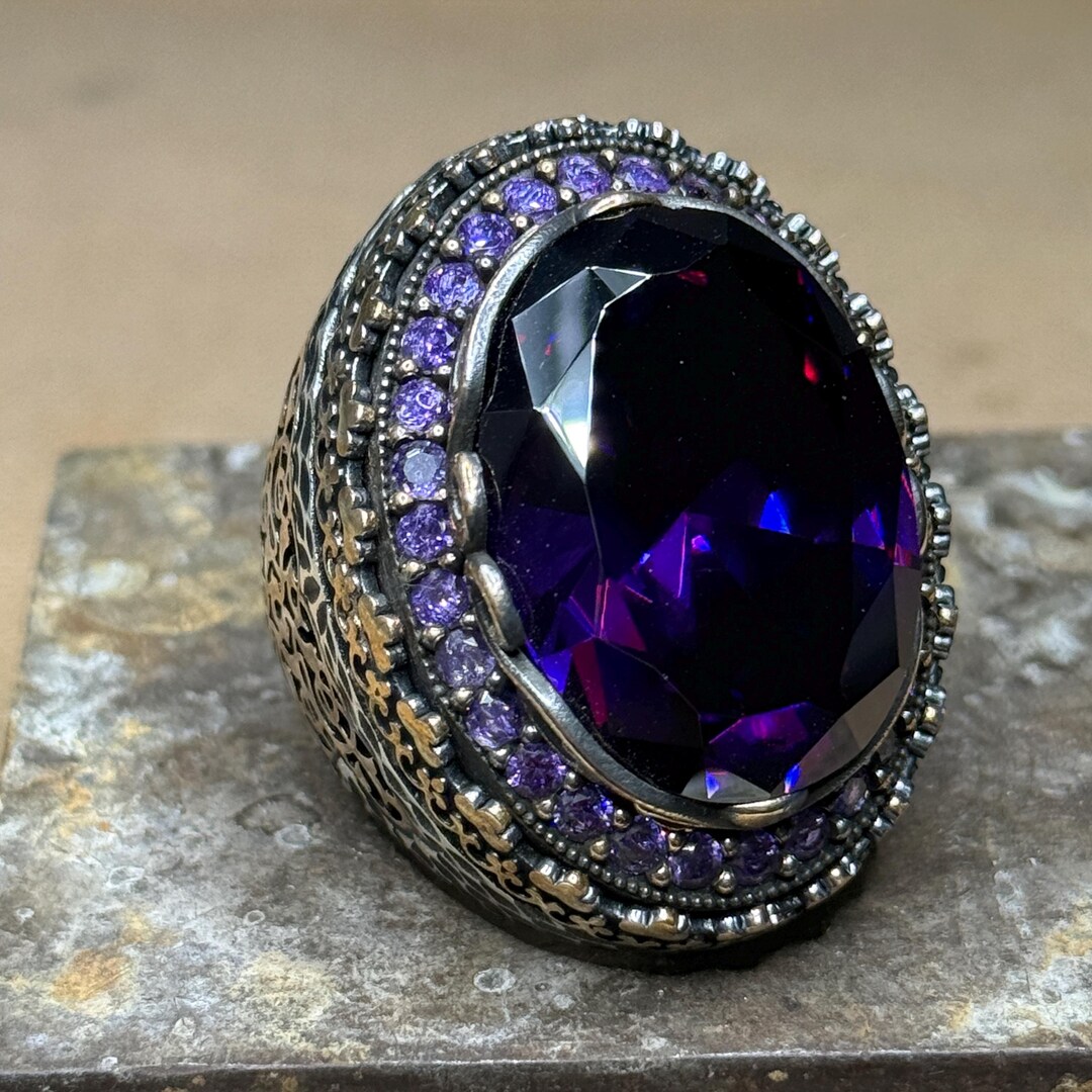 925 Sterling Silver Large Amethyst Ring, Handmade Deep Amethyst Ring ...