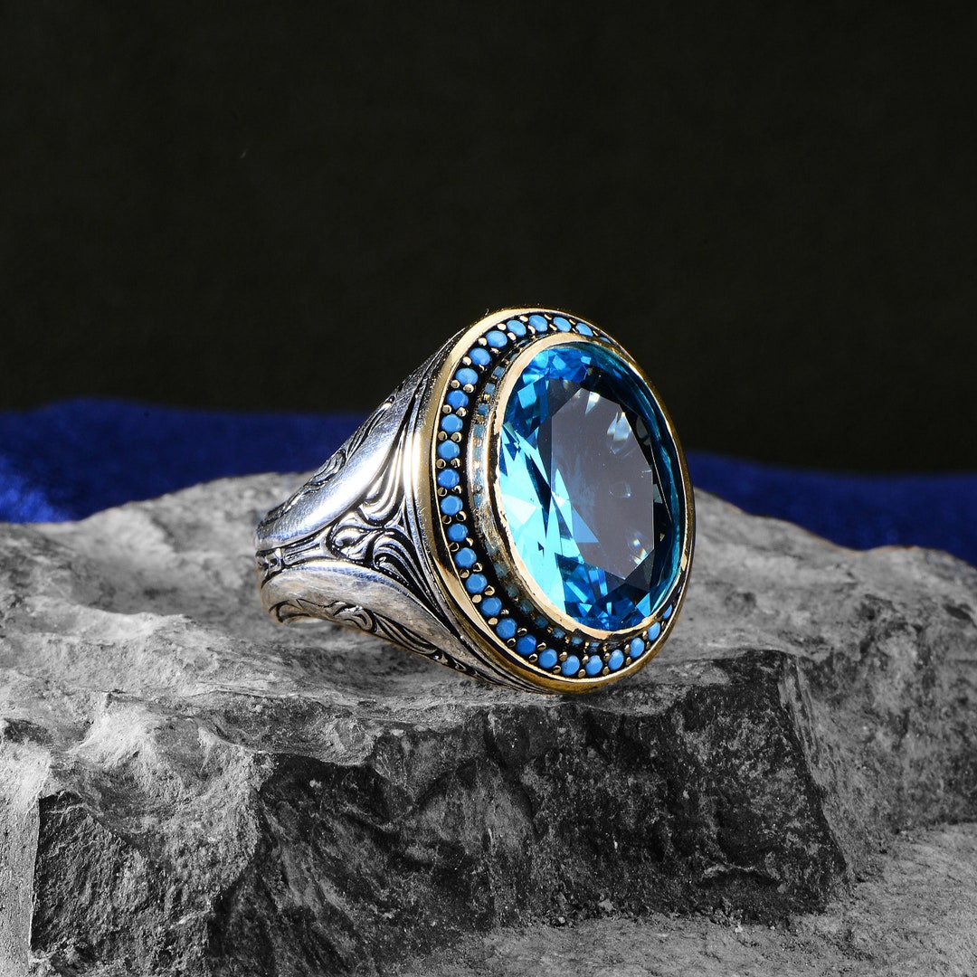 シルバーアクアマリンストーンリング、メンズブルーアクアマリンリング