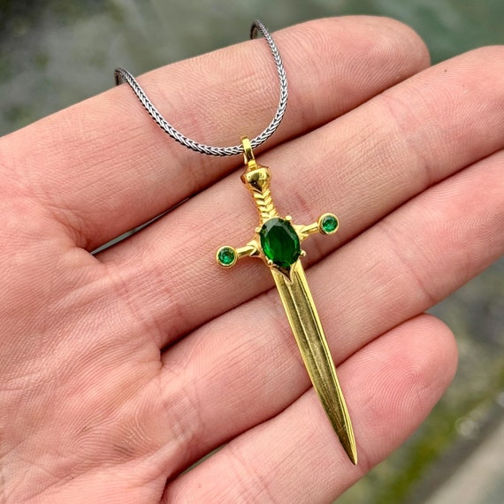 Men Silver Sword Pendant, Gold Emerald Green Stone Sword Necklace 